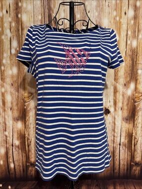 Talbots Blue and White Striped Short Sleeve Tee with Pink Sailfish Accent
